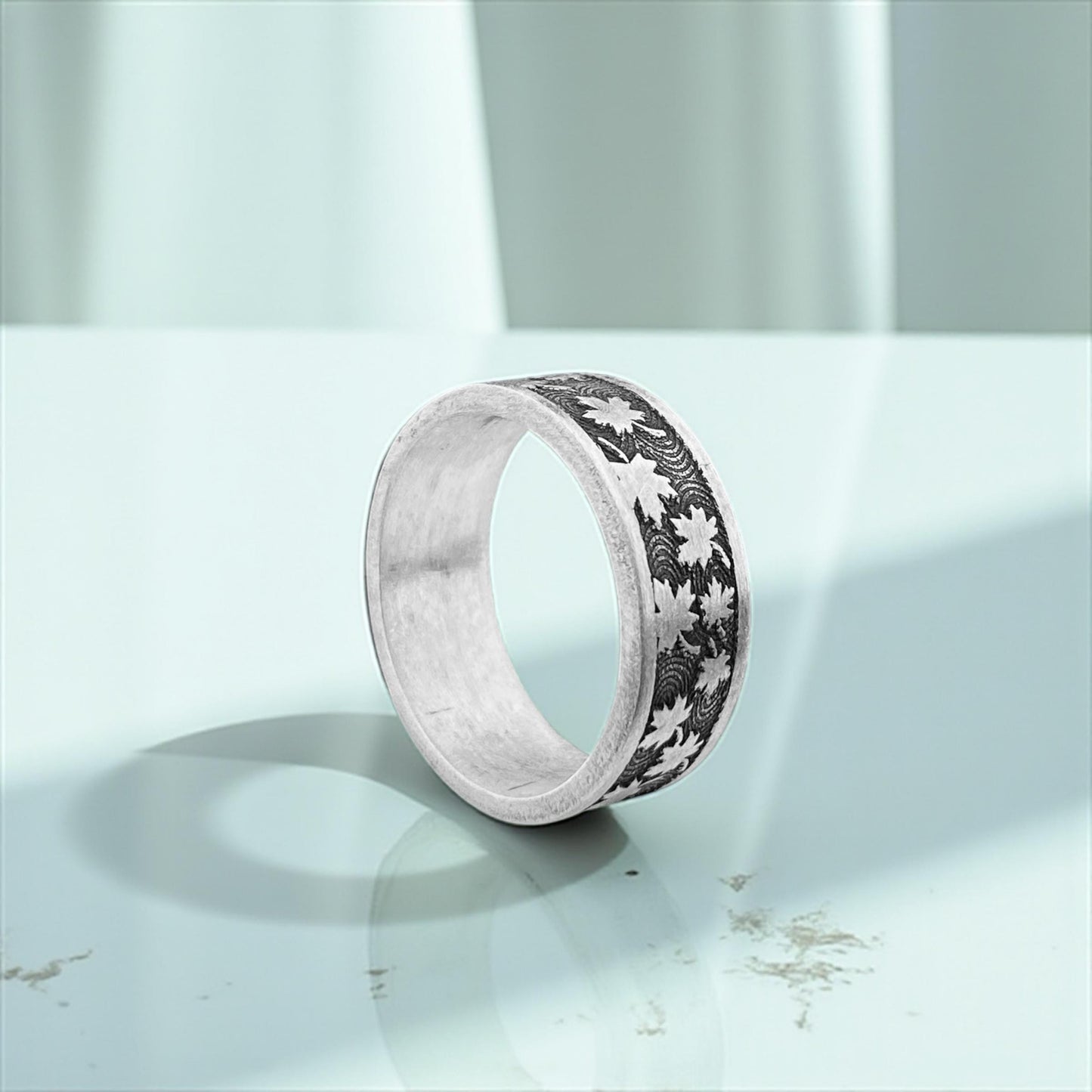 Maple Leaf Sterling Silver Ring | Hand Engraved Autumn Forest 925 Band, Textured Rustic Men’s Wedding Jewelry, Comfort Fit by Cousinjewellry