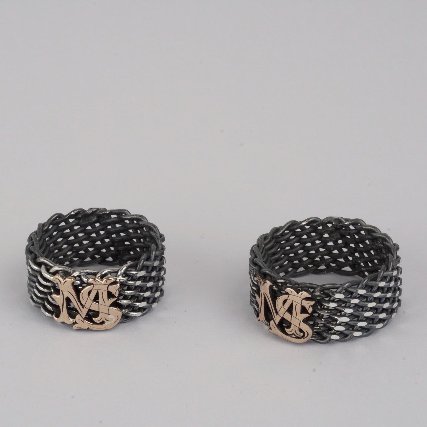 Custom Gothic Monogram Ring – Sterling Silver Chainmail Mesh Band, Two-Tone Oxidized Finish, Personalized Initial | Cousin Jewellery