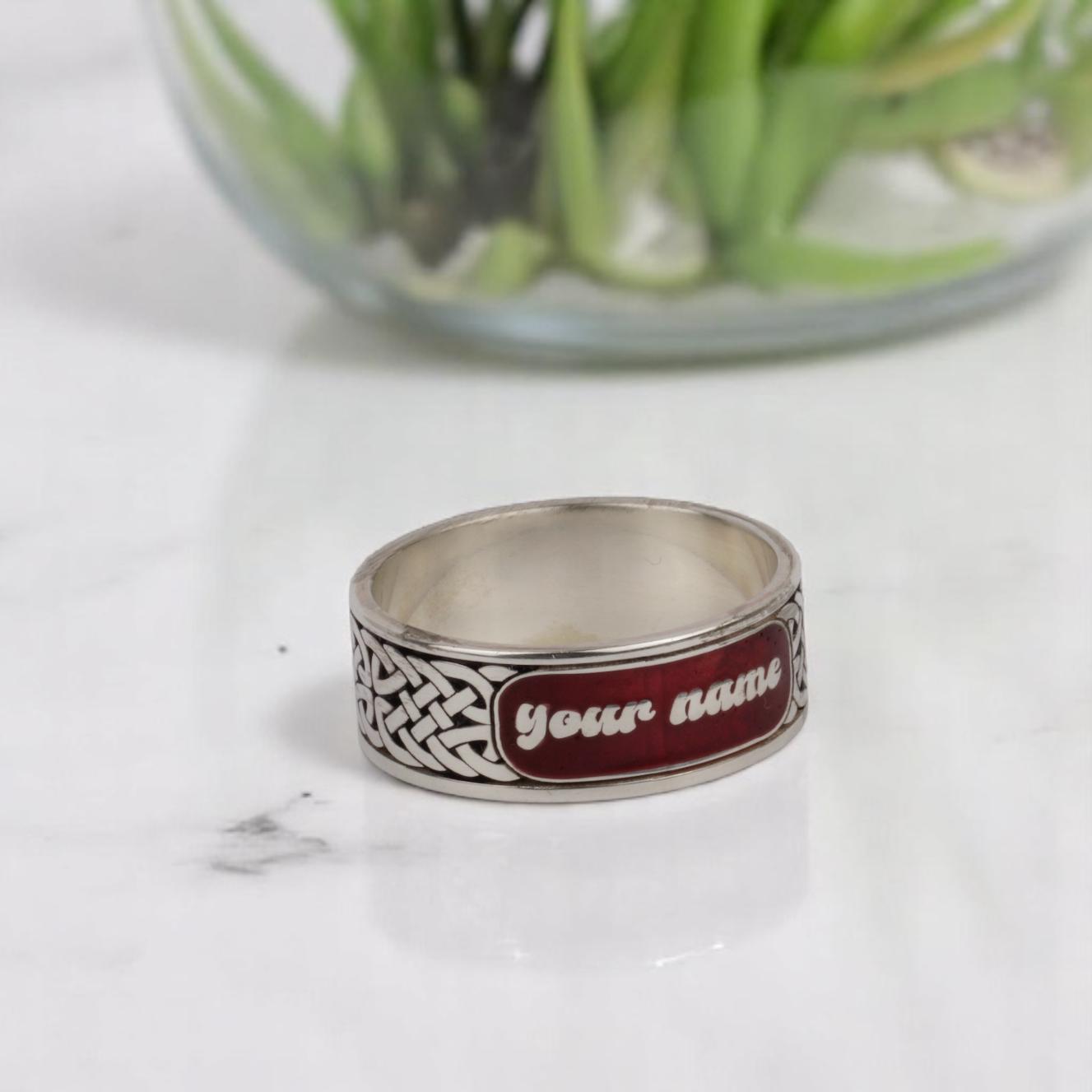 Custom Celtic Knot Name Ring – Sterling Silver Red Enamel Band, Personalized Engraved Gift for Him & Her, Wedding Anniversary