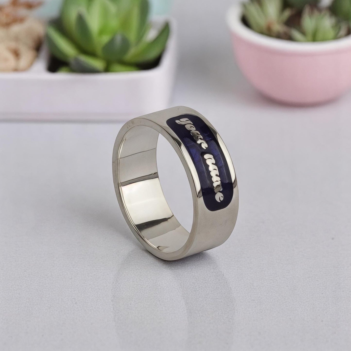 Custom Name Signet Band – Sterling Silver Blue Enamel Ring, Personalized Engraved Jewelry Gift for Him or Her, Wedding Anniversary