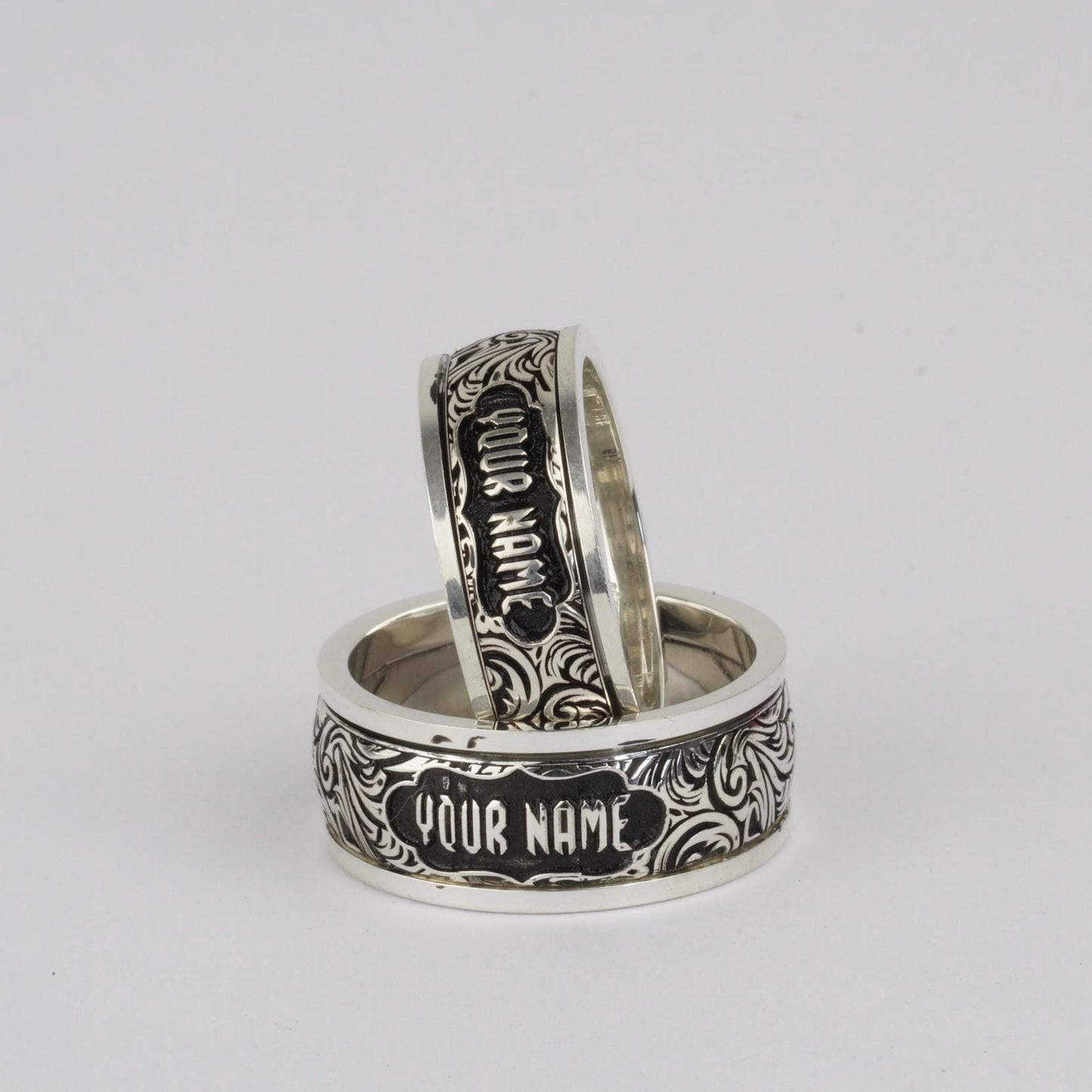 Couples Personalized Sterling Silver Spinner Ring Set – Scrollwork Wedding Bands with Custom Name & Rotating Center for Fidget Relief