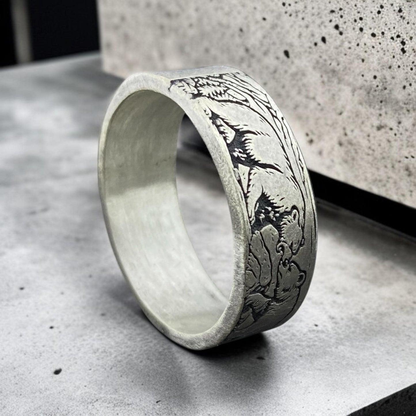 Bear Ring for Men, Sterling Silver Animal Ring, Handcrafted Wildlife Band Ring, Rustic Engraved Nature Jewelry by cousinjewellry