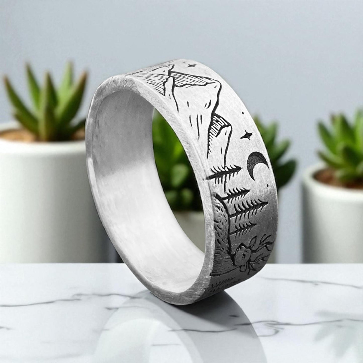 Handmade 925 Silver Nature Ring – Forest and Stag Engraved Men’s Band – Wilderness Night Scene Ring by Cousinjewellry