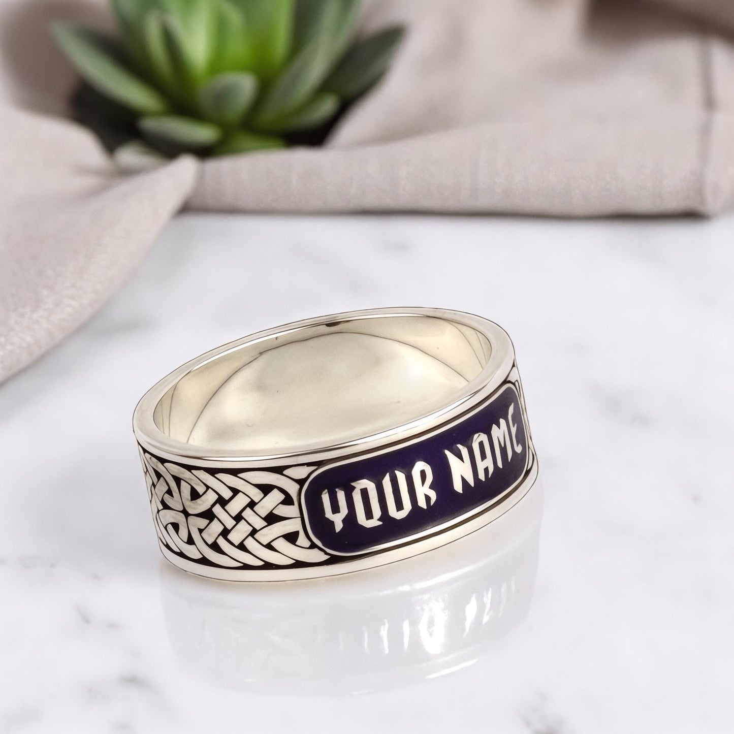 Custom Celtic Knot Name Ring Sterling Silver Blue Enamel Band Personalized Engraved Gift for Him and Her Wedding Anniversary.