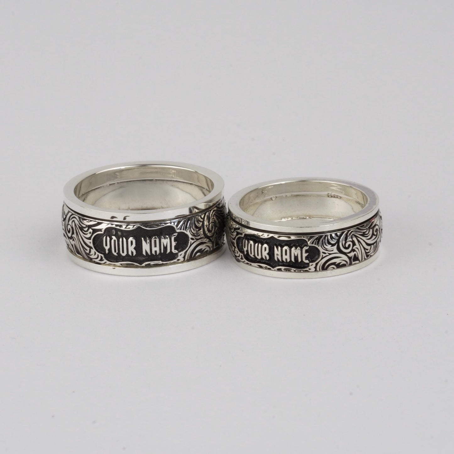 Couples Personalized Sterling Silver Spinner Ring Set – Scrollwork Wedding Bands with Custom Name & Rotating Center for Fidget Relief
