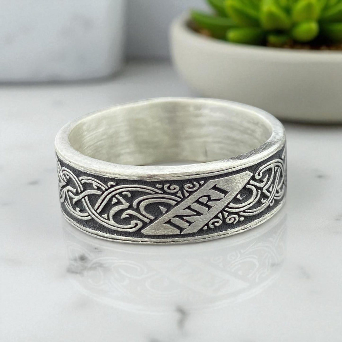 925 Sterling Silver INRI Ring – Engraved Christian Band for Men – Handmade Oxidized Religious Ring by Cousinjewellry