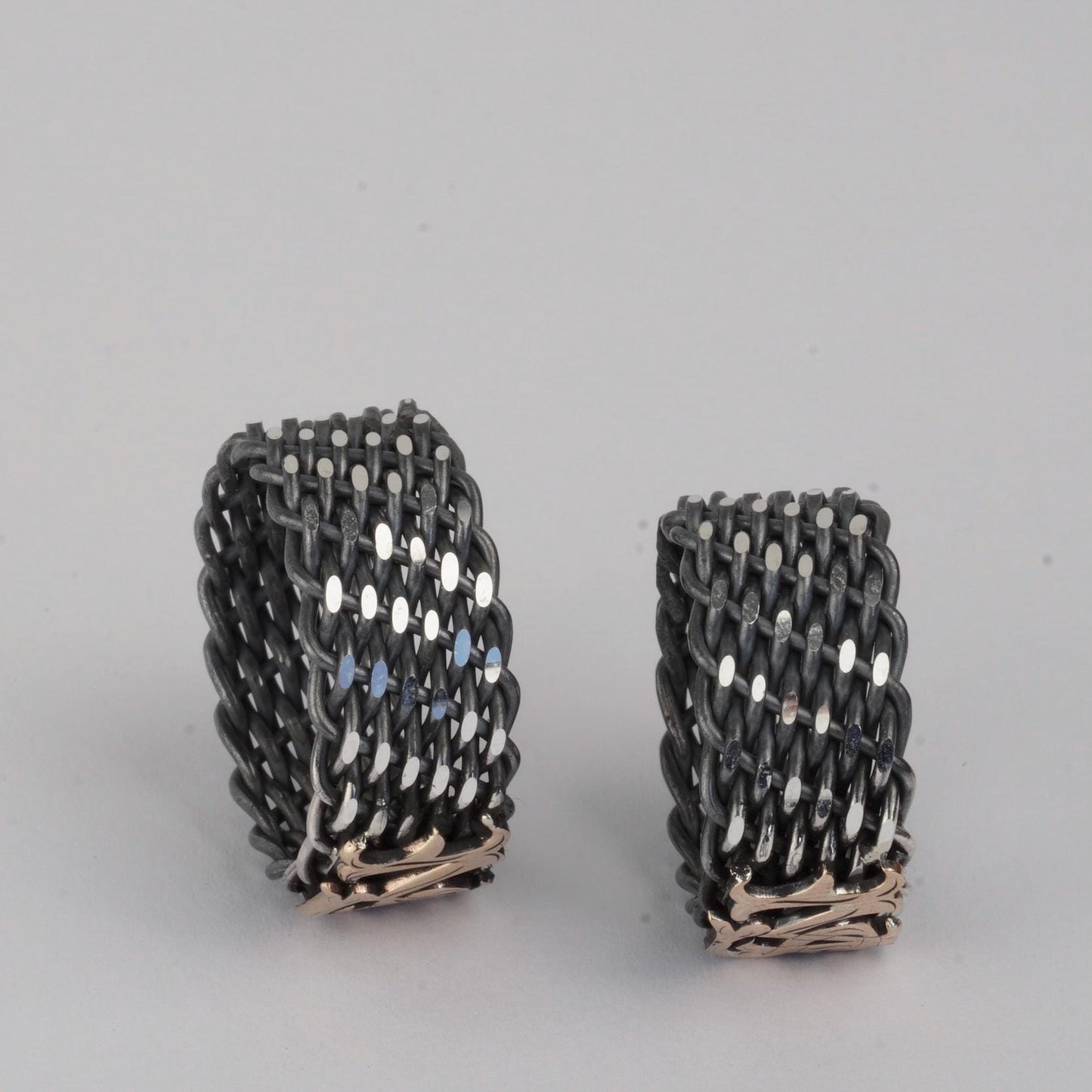 Custom Gothic Monogram Ring – Sterling Silver Chainmail Mesh Band, Two-Tone Oxidized Finish, Personalized Initial | Cousin Jewellery