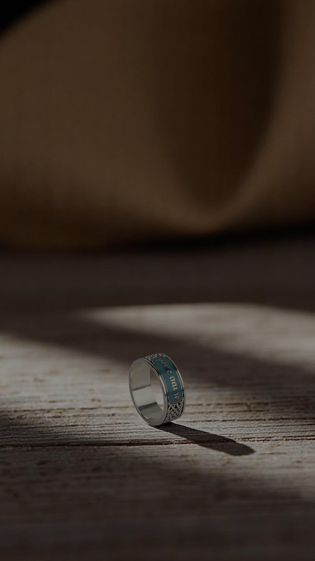 Custom Name Sterling Silver Ring with Turquoise Enamel | Old English Engraved Celtic Knot Band | Unique Handmade Personalized Men's Gift.