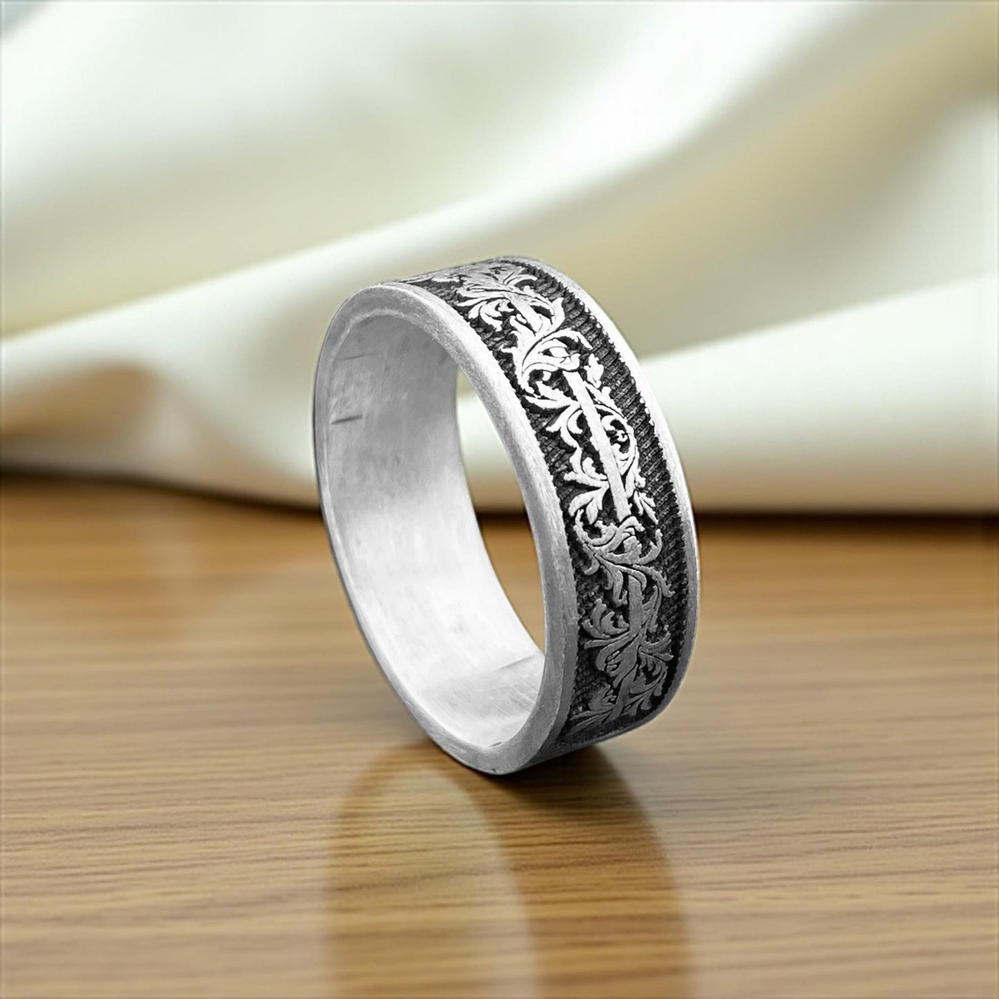 Acanthus Leaf 925 Sterling Silver Ring | Hand Etched Antique Ottoman Floral Band, Rustic Men’s Wedding Promise Jewelry by Cousinjewellry