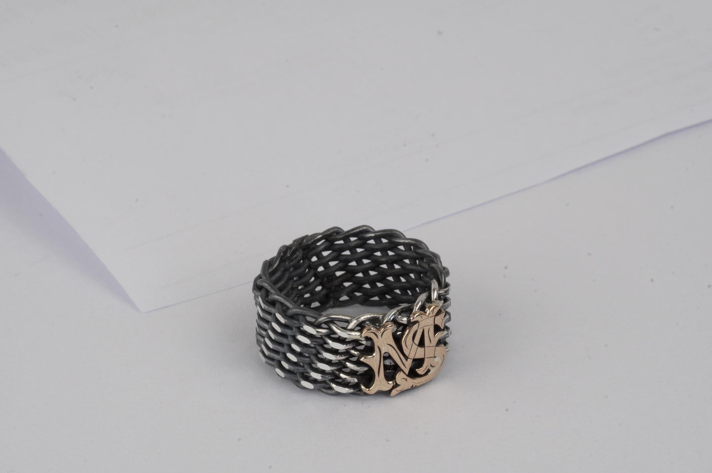 Custom Gothic Monogram Ring – Sterling Silver Chainmail Mesh Band, Two-Tone Oxidized Finish, Personalized Initial | Cousin Jewellery