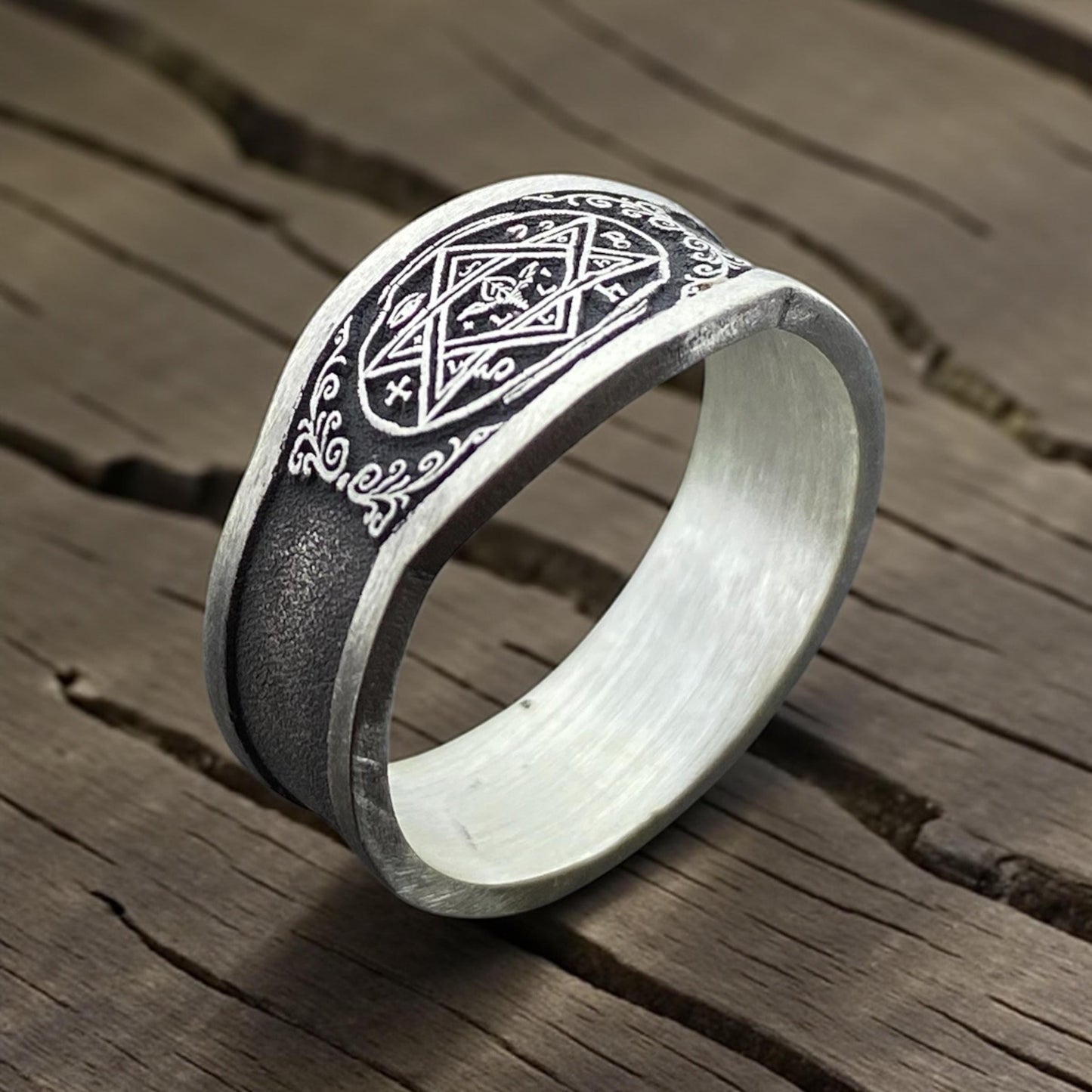 Seal of Solomon Ring with Occult Symbols – Handmade 925 Silver Band with Engraved Star Talisman by CousinJewellry