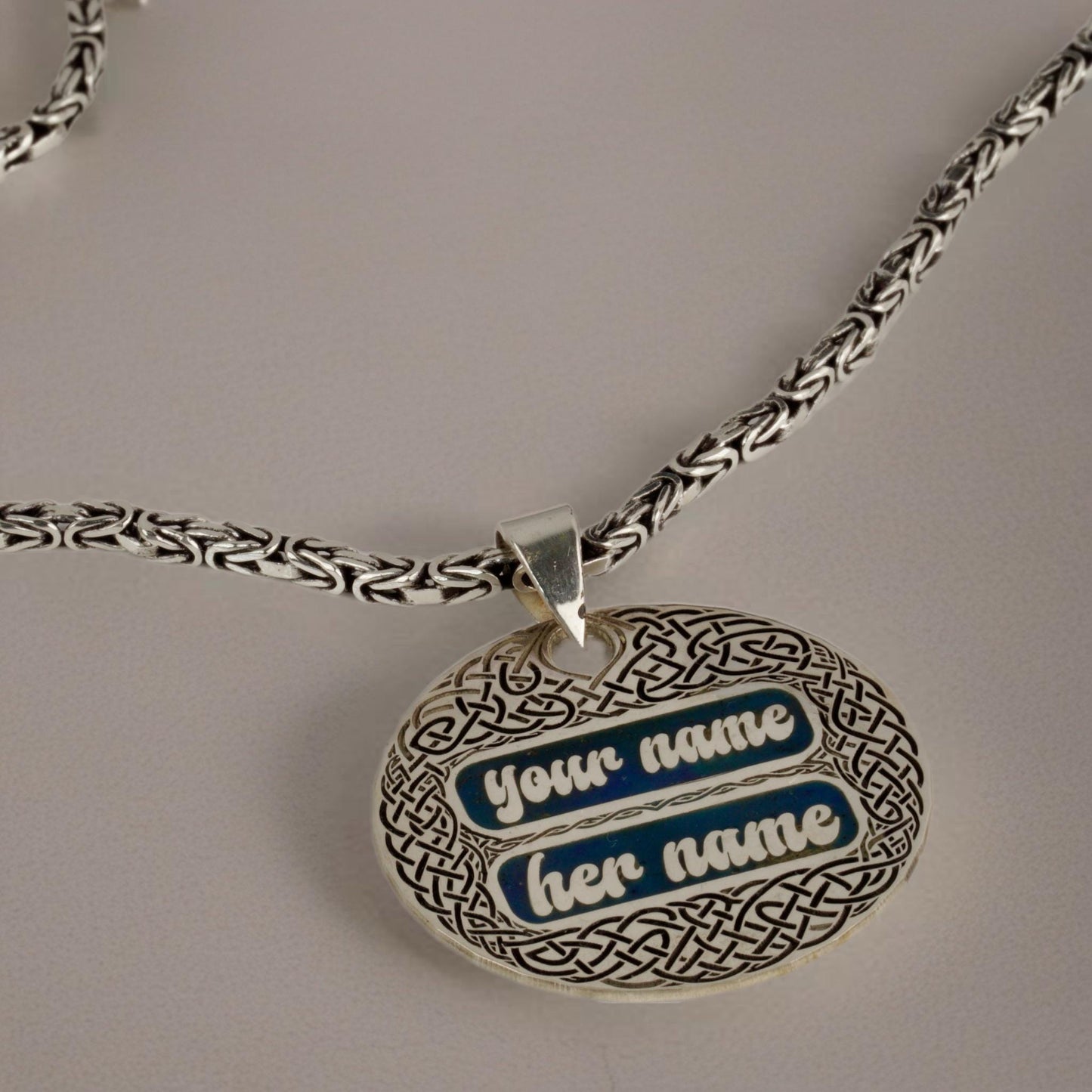 Custom Double Name Celtic Knot Pendant Necklace 925 Sterling Silver with D. Blue Enamel – Couples Gift, 1.18" Medallion by Cousin Jewellery.