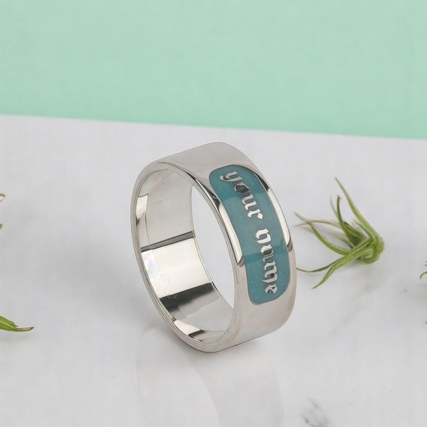 Custom Name Ring Sterling Silver Teal Enamel Personalized Band Engraved Jewelry Gift for Him or Her, Promise or Wedding Anniversary