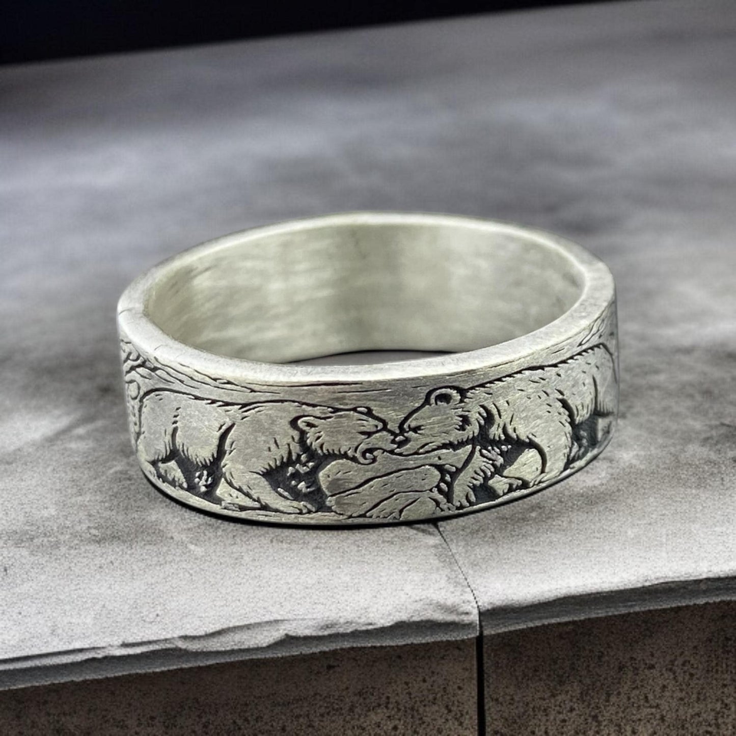Bear Ring for Men, Sterling Silver Animal Ring, Handcrafted Wildlife Band Ring, Rustic Engraved Nature Jewelry by cousinjewellry
