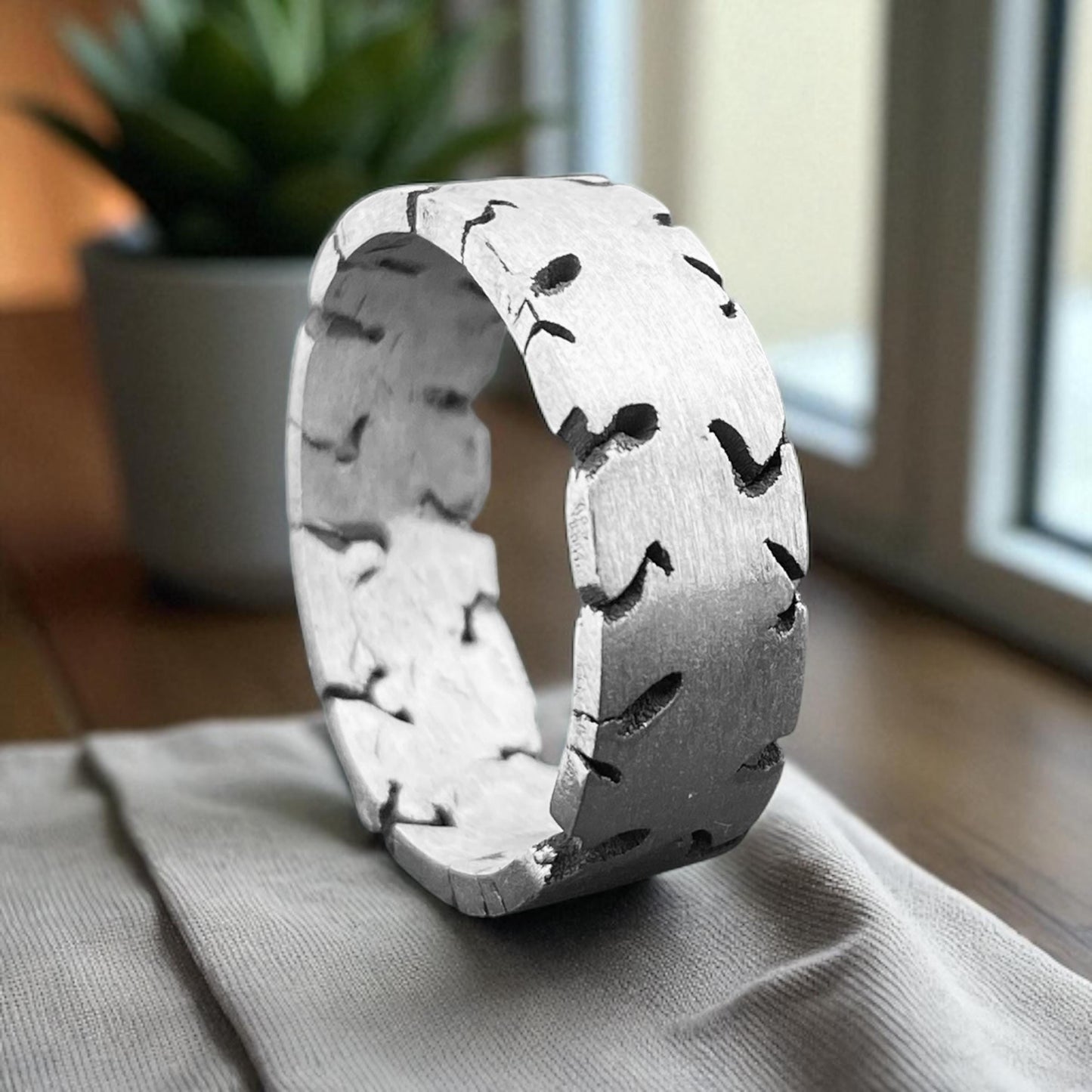Brushed Silver Men’s Ring with Deep Grooves – Handmade Geometric Texture Band – Unique 925 Sterling Silver Statement Ring Gift