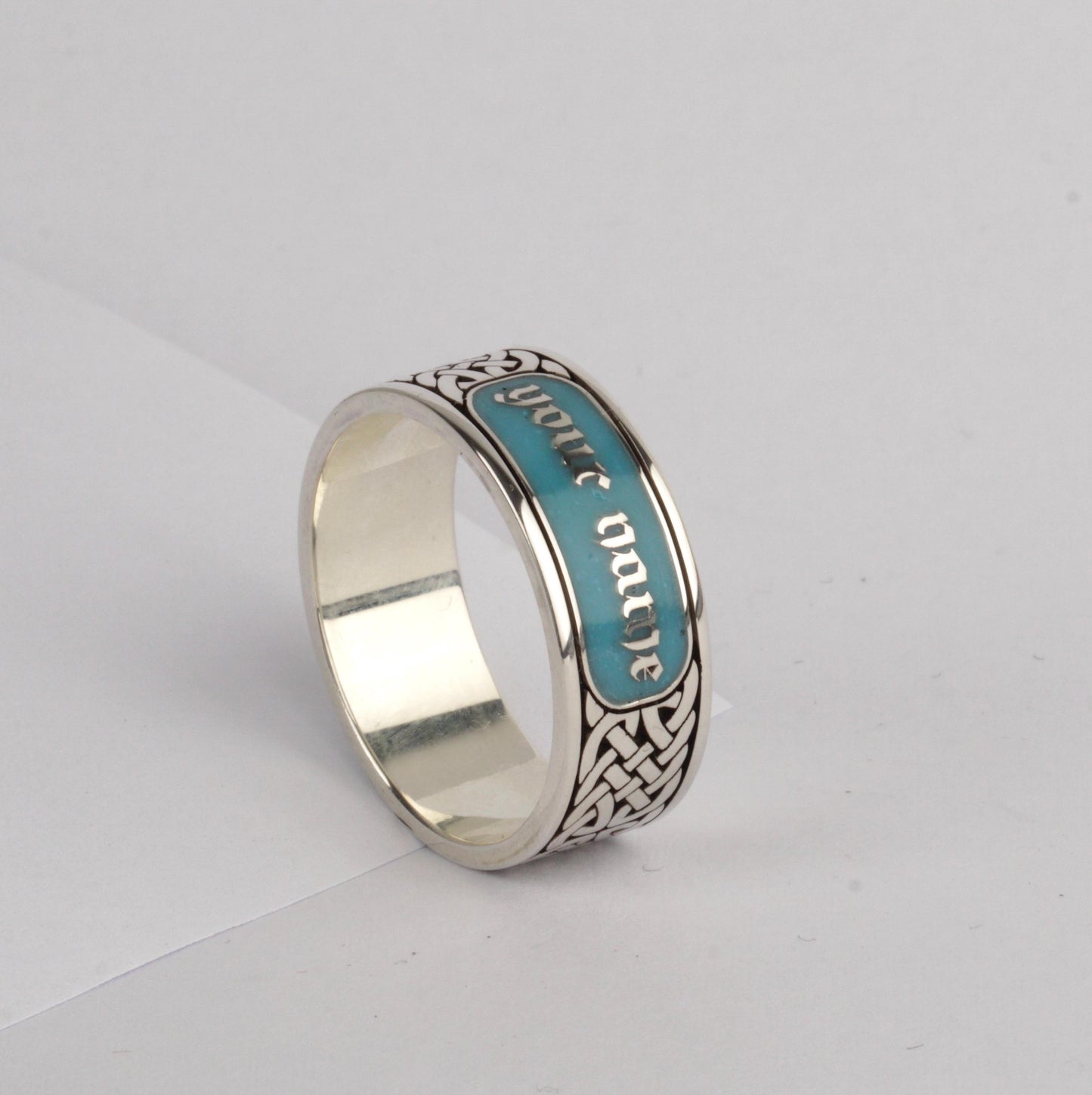 Custom Name Sterling Silver Ring with Turquoise Enamel | Old English Engraved Celtic Knot Band | Unique Handmade Personalized Men's Gift.