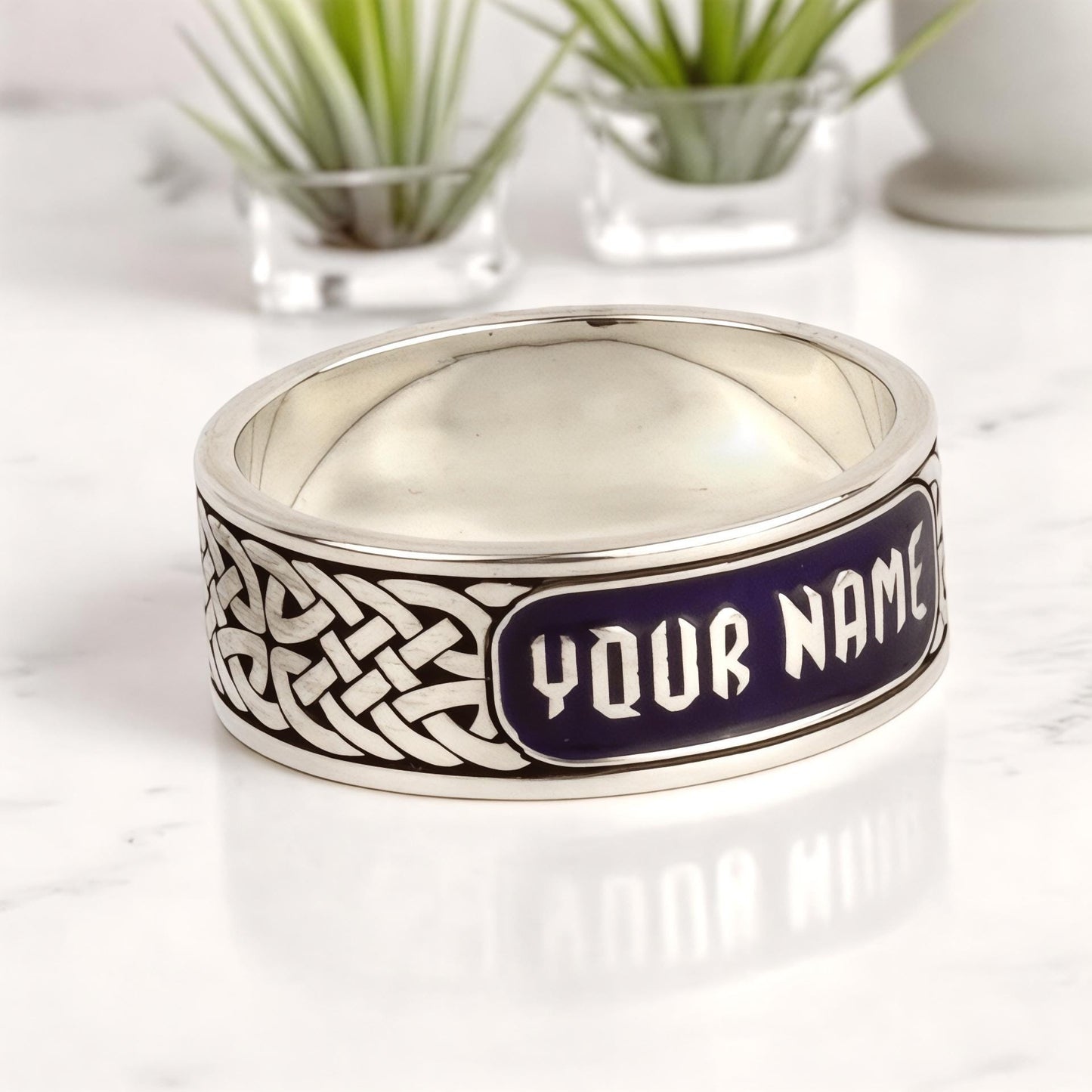 Custom Celtic Knot Name Ring Sterling Silver Blue Enamel Band Personalized Engraved Gift for Him and Her Wedding Anniversary.