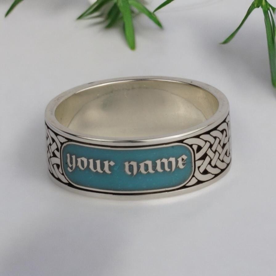 Custom Name Sterling Silver Ring with Turquoise Enamel | Old English Engraved Celtic Knot Band | Unique Handmade Personalized Men's Gift.