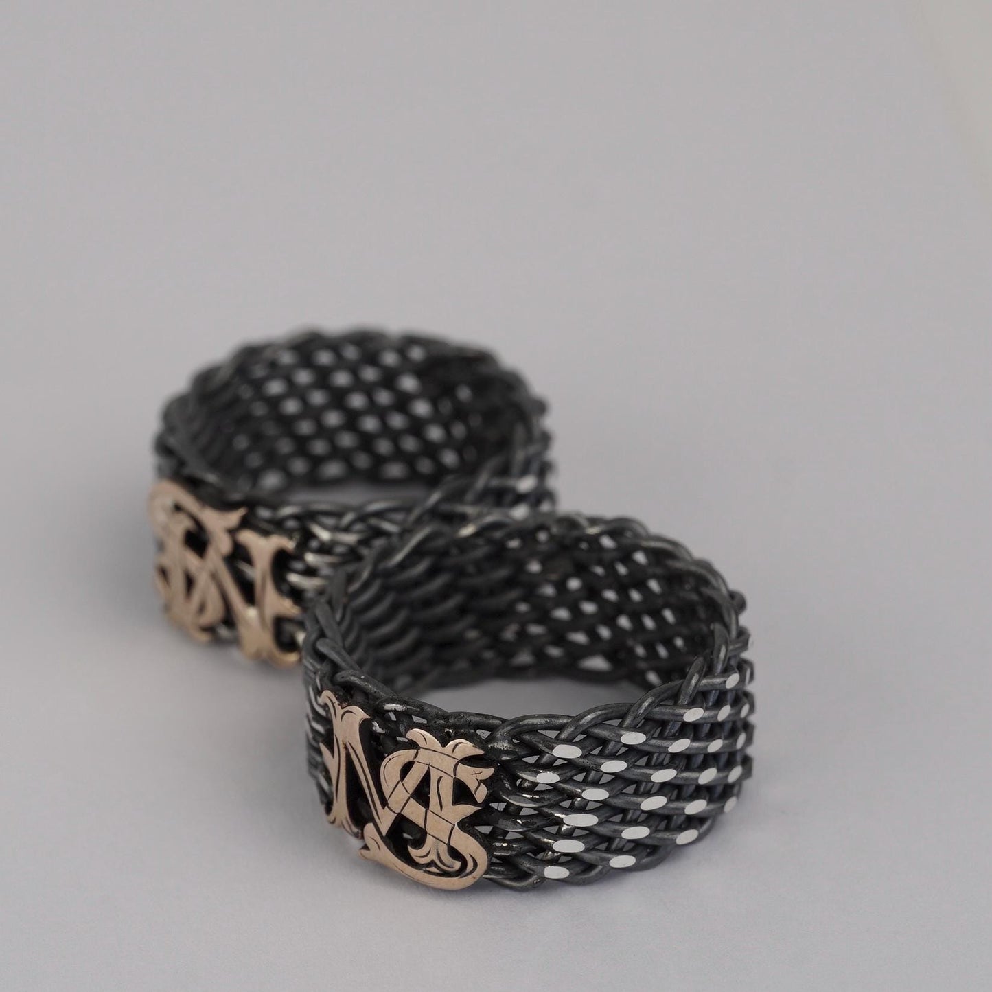 Custom Gothic Monogram Ring – Sterling Silver Chainmail Mesh Band, Two-Tone Oxidized Finish, Personalized Initial | Cousin Jewellery