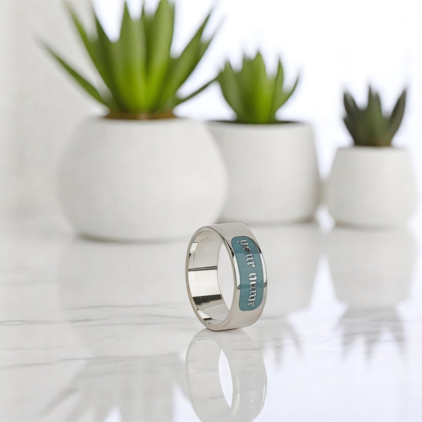 Custom Name Ring Sterling Silver Teal Enamel Personalized Band Engraved Jewelry Gift for Him or Her, Promise or Wedding Anniversary