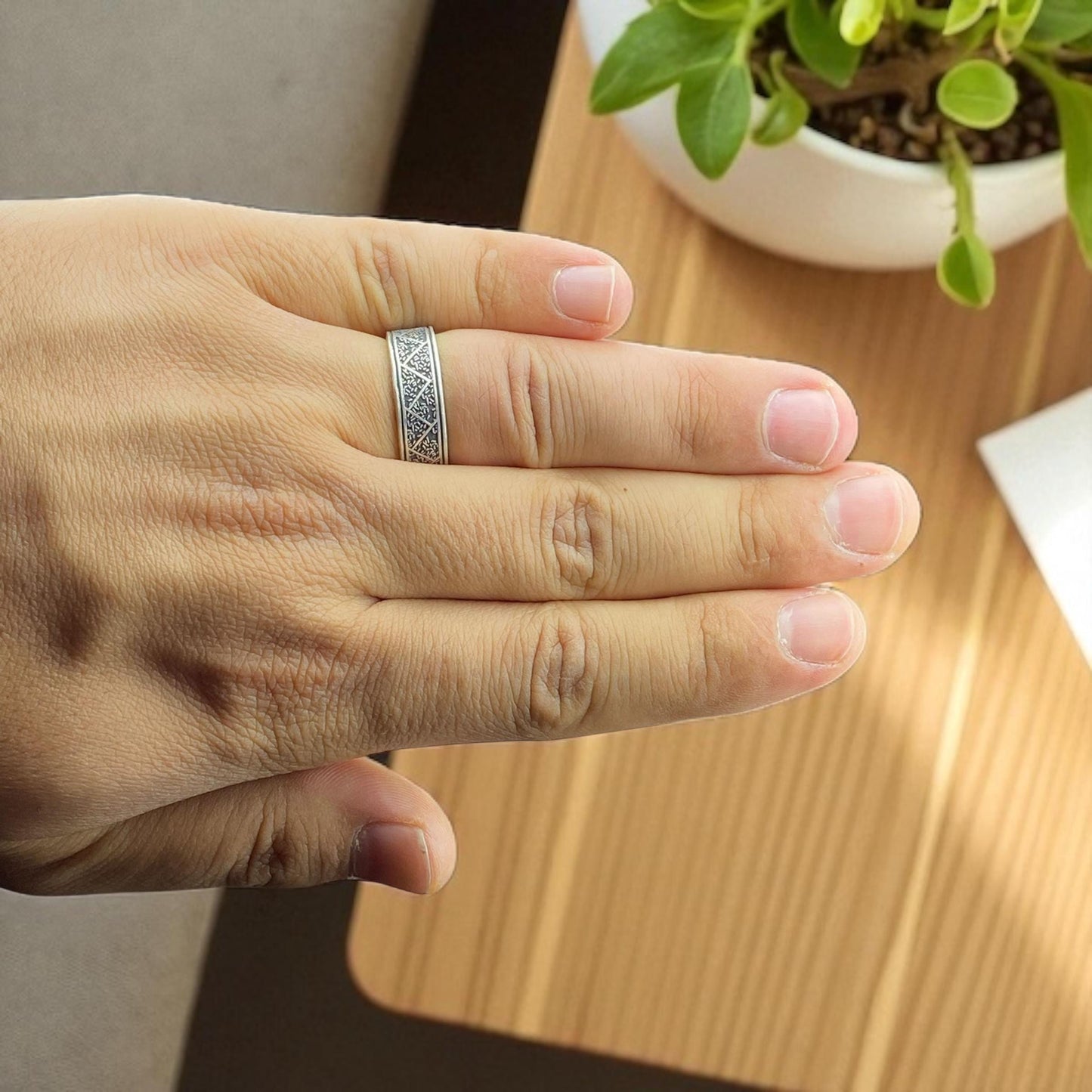 925 Sterling Silver Geometric Pattern Ring for Men – Oxidized Textured Silver Band – Handmade Wide Artisan Ring by Cousinjewellry