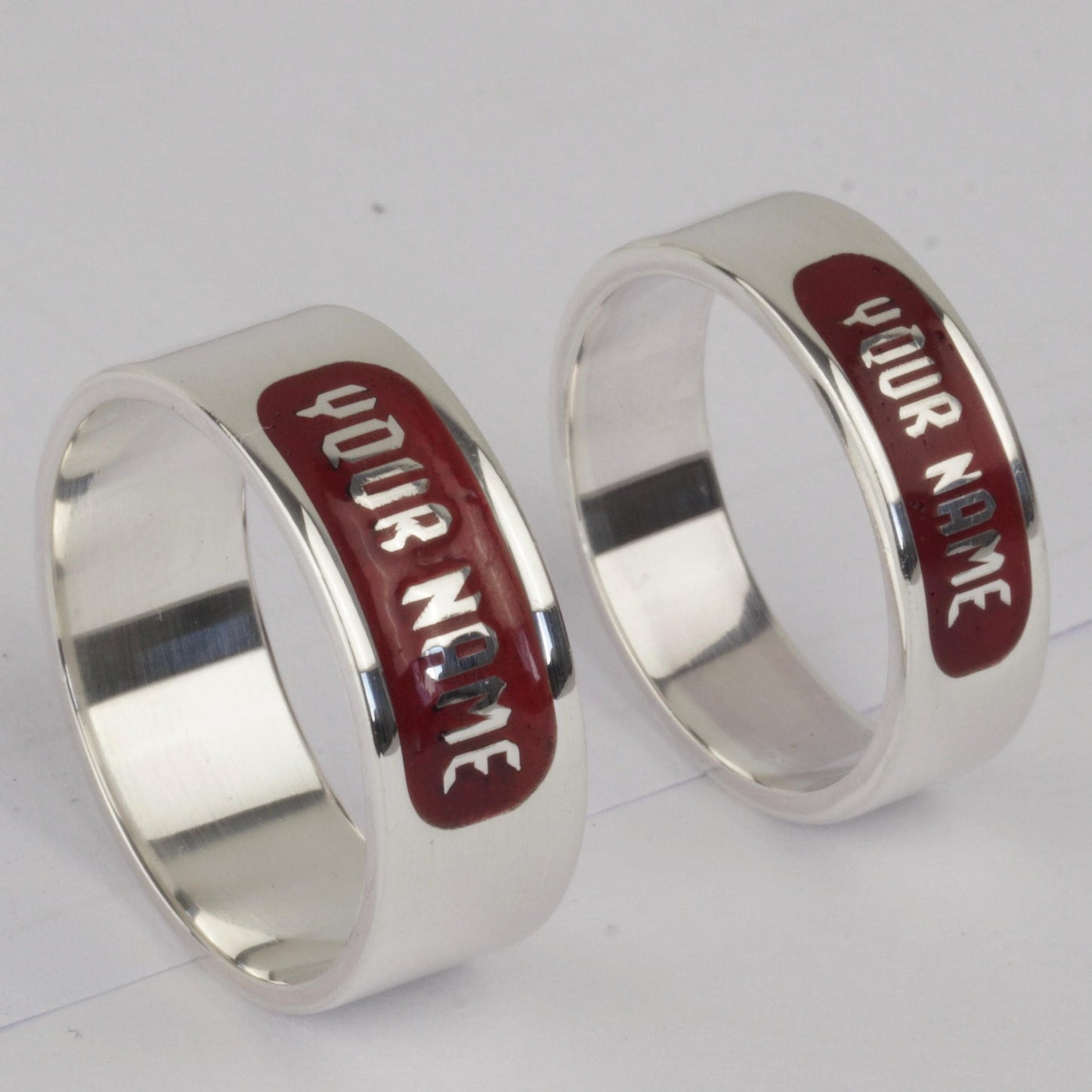 Custom Name Band Ring – Sterling Silver Old English, Red Enamel Inlay, Personalised Gift for Men & Women | Cousin Jewellery.