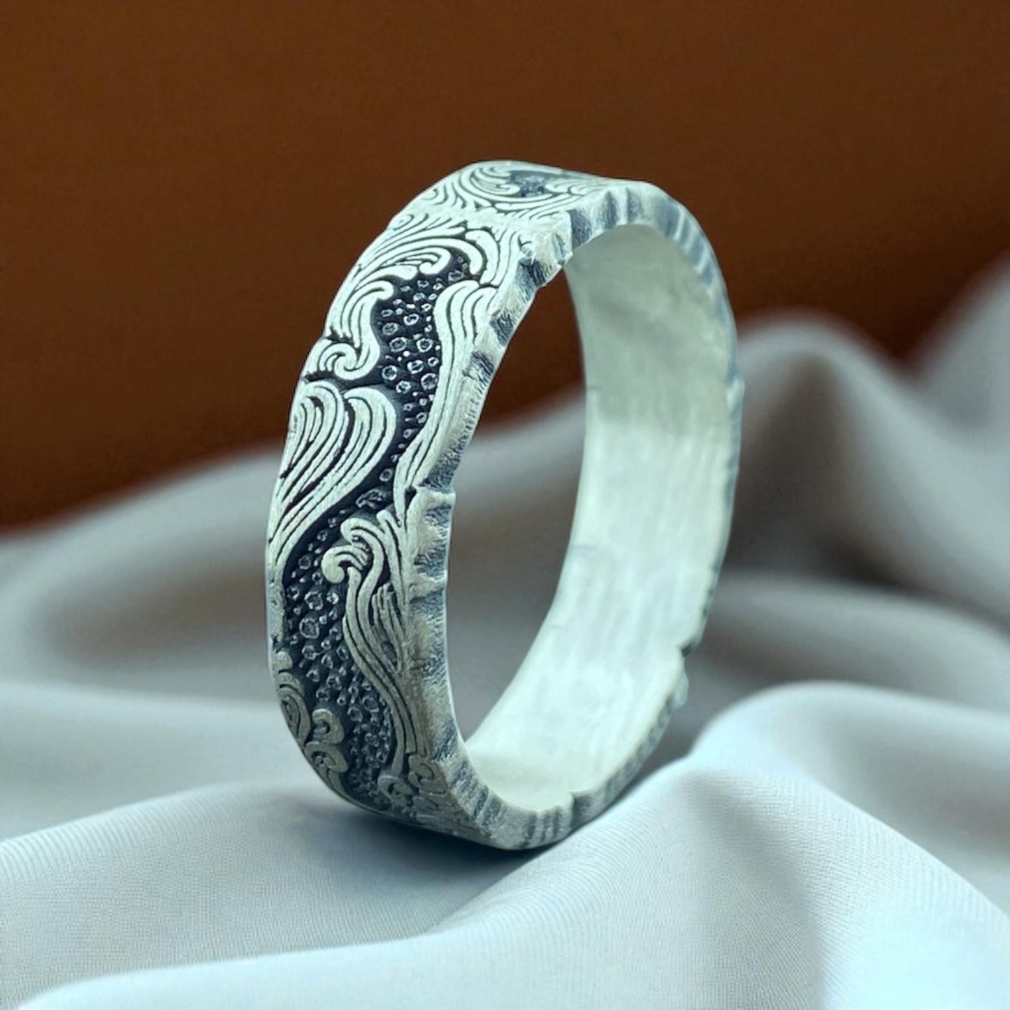 Antique Style Silver Band Ring for Men – Engraved Ornamental Design – Handmade Oxidized Ring by Cousinjewellry