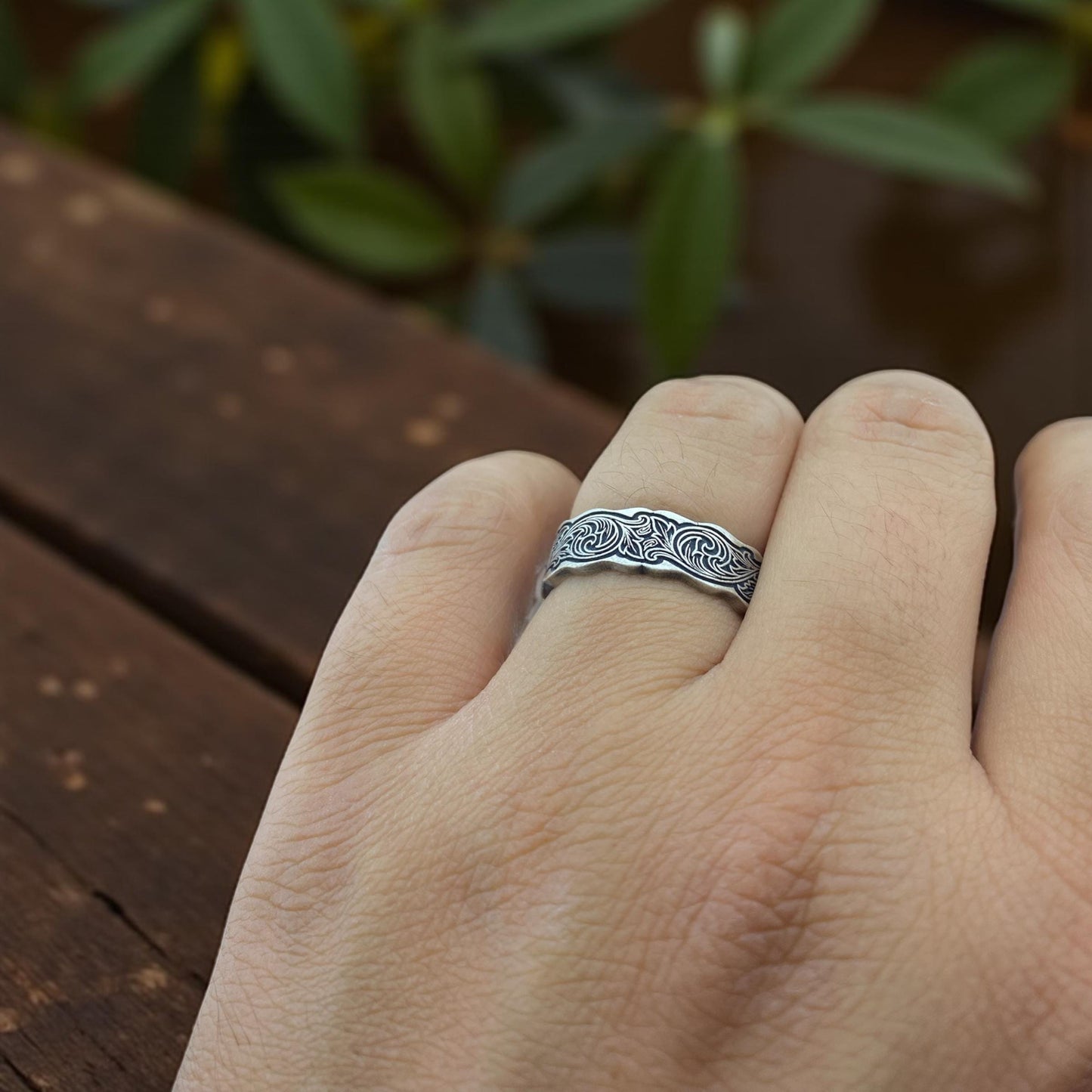 Baroque Scroll Sterling Silver 925 Ring | Handcrafted Wavy Edge Vintage Floral Men’s Band, Antiqued Wedding Ring by Cousinjewellry