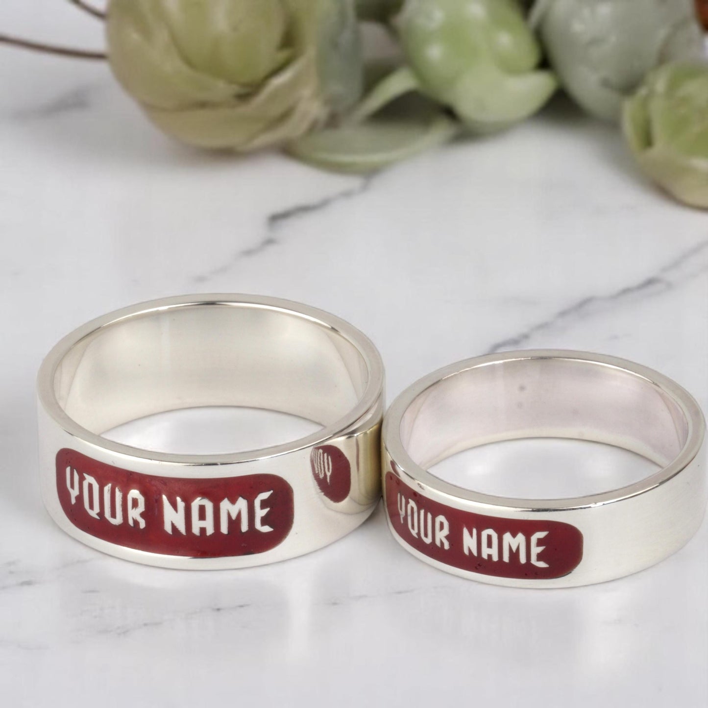Custom Name Band Ring – Sterling Silver Old English, Red Enamel Inlay, Personalised Gift for Men & Women | Cousin Jewellery.