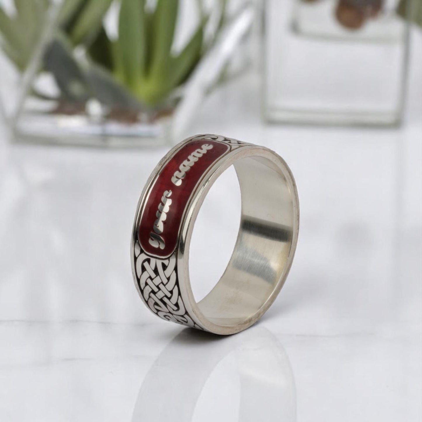 Custom Celtic Knot Name Ring – Sterling Silver Red Enamel Band, Personalized Engraved Gift for Him & Her, Wedding Anniversary