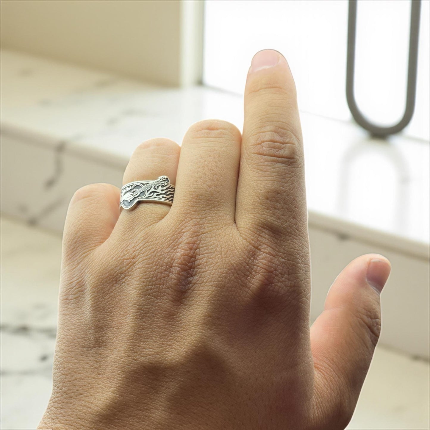 Flaming Guitar Silver Ring – Hand Engraved 925 Sterling Band for Musicians and Rock Lovers – Adjustable Handmade Cousinjewellry Ring