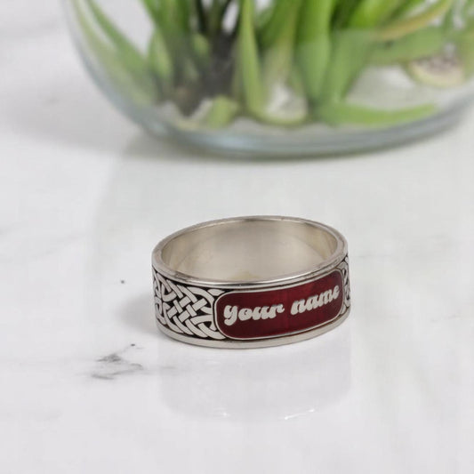 Custom Celtic Knot Name Ring – Sterling Silver Red Enamel Band, Personalized Engraved Gift for Him & Her, Wedding Anniversary