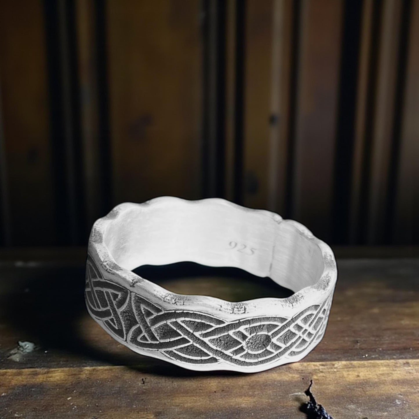 Rustic Celtic Knot Sterling Silver Ring | Hand Carved 925 Wavy Mens Band, Textured Antique Finish Wedding Promise Jewelry by Cousinjewellry