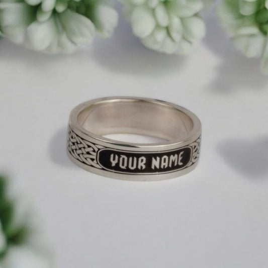 Custom Name Sterling Silver 925 Ring with Black Enamel | Celtic Knot Personalized Men’s Band, Handmade Wedding Anniversary Gift for Him