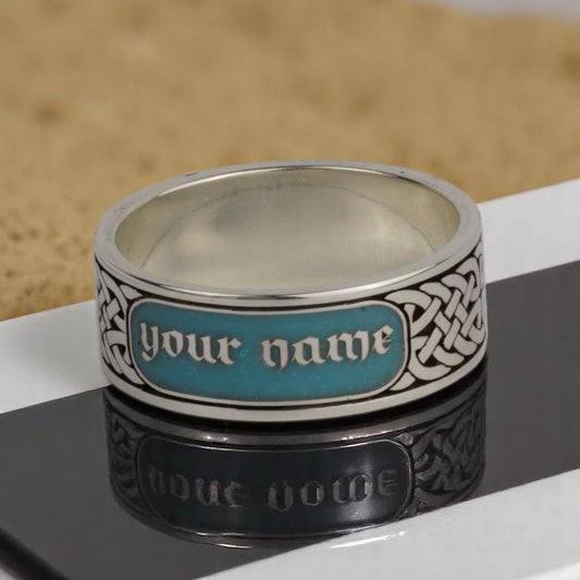 Custom Name Sterling Silver Ring with Turquoise Enamel | Old English Engraved Celtic Knot Band | Unique Handmade Personalized Men's Gift.