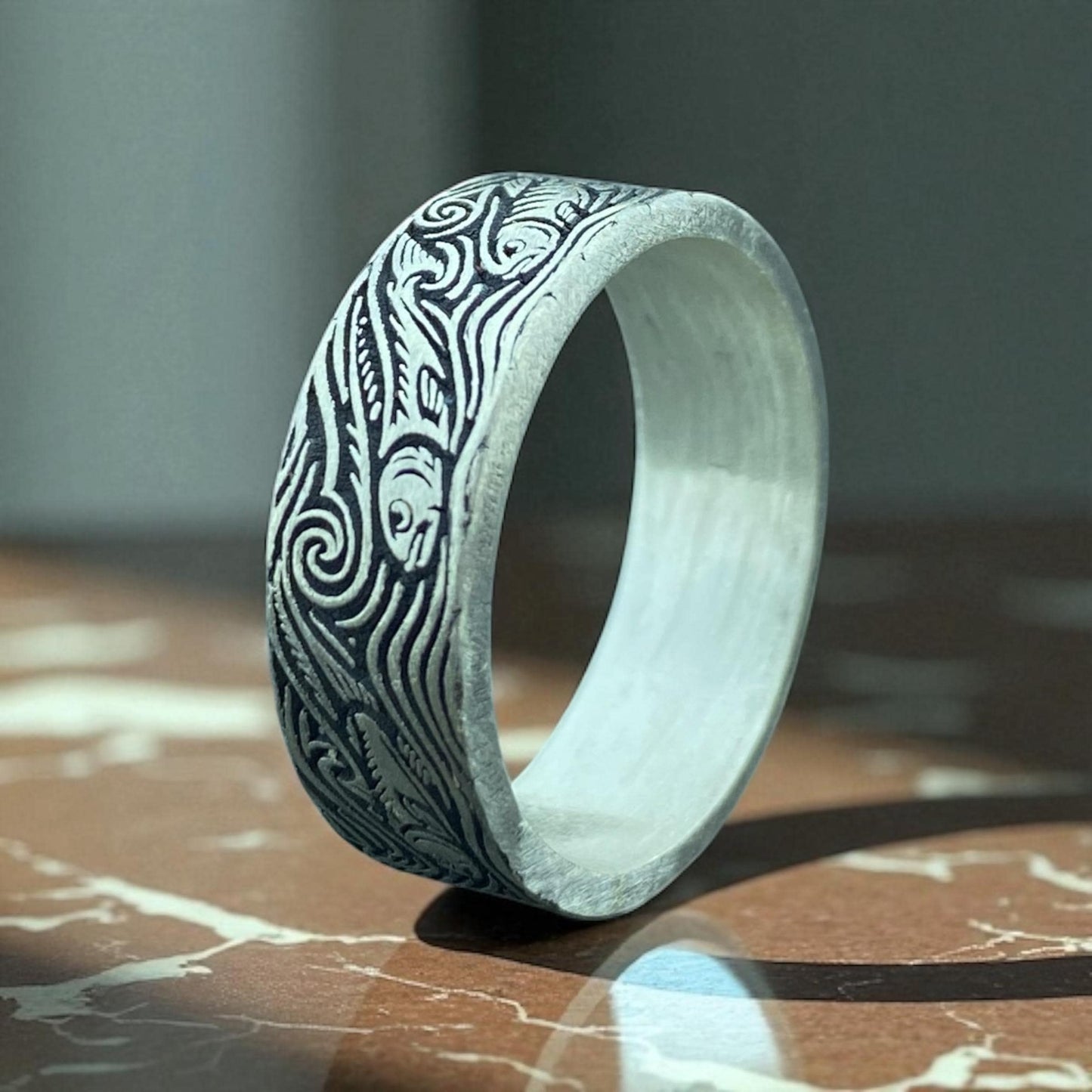 Handmade 925 Silver Engraved Ring – Artisan Botanical Pattern Band for Men – Vintage Style Nature Inspired Ring by Cousinjewellry