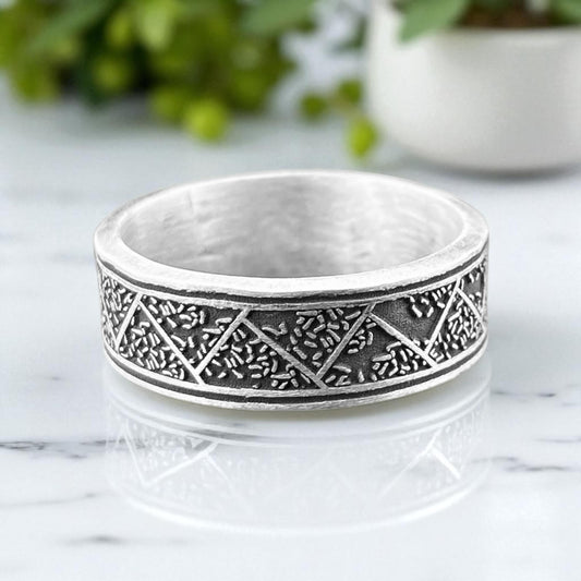 925 Sterling Silver Geometric Pattern Ring for Men – Oxidized Textured Silver Band – Handmade Wide Artisan Ring by Cousinjewellry