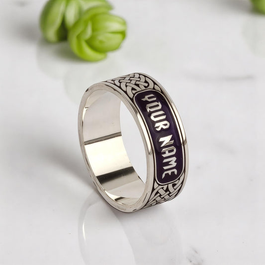 Custom Celtic Knot Name Ring Sterling Silver Blue Enamel Band Personalized Engraved Gift for Him and Her Wedding Anniversary.