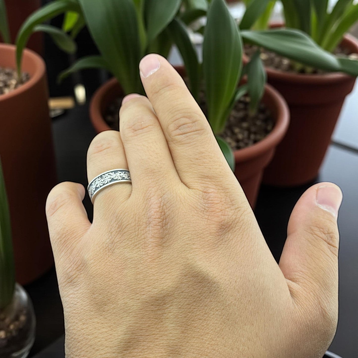 Acanthus Leaf 925 Sterling Silver Ring | Hand Etched Antique Ottoman Floral Band, Rustic Men’s Wedding Promise Jewelry by Cousinjewellry