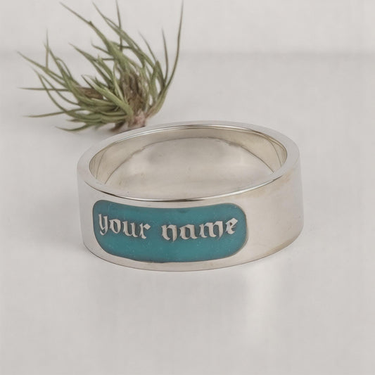Custom Name Ring Sterling Silver Teal Enamel Personalized Band Engraved Jewelry Gift for Him or Her, Promise or Wedding Anniversary