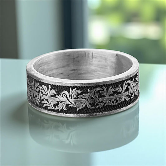 Acanthus Leaf 925 Sterling Silver Ring | Hand Etched Antique Ottoman Floral Band, Rustic Men’s Wedding Promise Jewelry by Cousinjewellry
