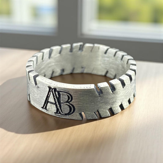 Custom Monogram Gear Edge 925 Sterling Silver Ring | Industrial Notched Personalized Men’s Wedding Band, Rustic Handmade Jewelry