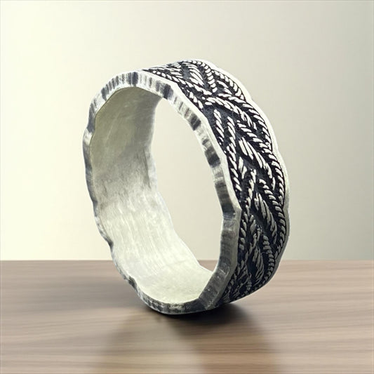Braided Texture Silver Ring – Handmade 925 Sterling Band with Wavy Edge and Tribal Pattern for Men and Women by Cousinjewellry