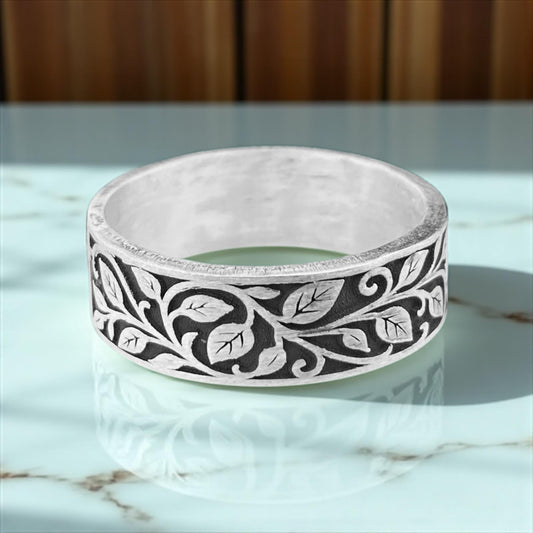 Botanical Vine Leaf Sterling Silver 925 Ring | Hand-Engraved Nature Wedding Band for Men & Women, Rustic Forest Jewelry by Cousinjewellry