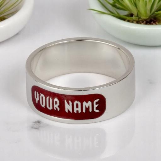 Custom Name Band Ring – Sterling Silver Old English, Red Enamel Inlay, Personalised Gift for Men & Women | Cousin Jewellery.