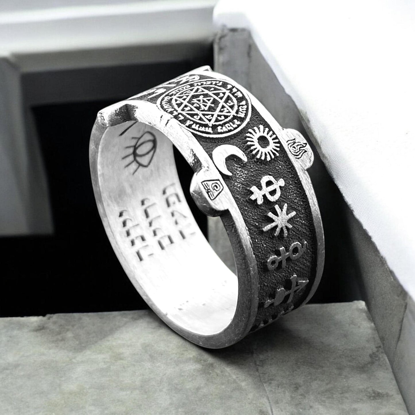 Mystic Symbols Ring with Solomon Seal – Handmade 925 Silver Band Featuring Hebrew and Celestial Talismans by CousinJewellry