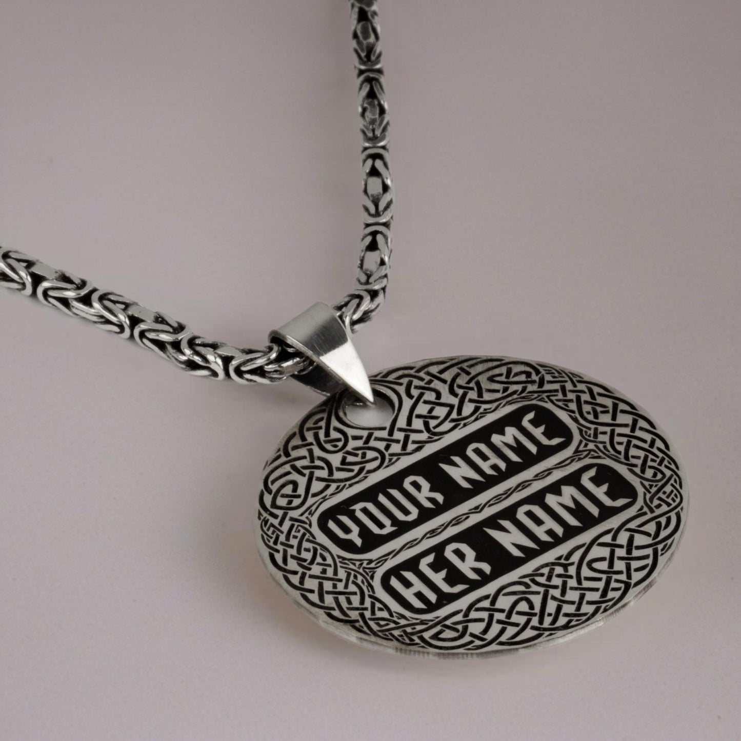 Customized Name Sterling Silver Celtic Knot Pendant Necklace | Personalized Couples Gift | Custom Engraved Round Medallion