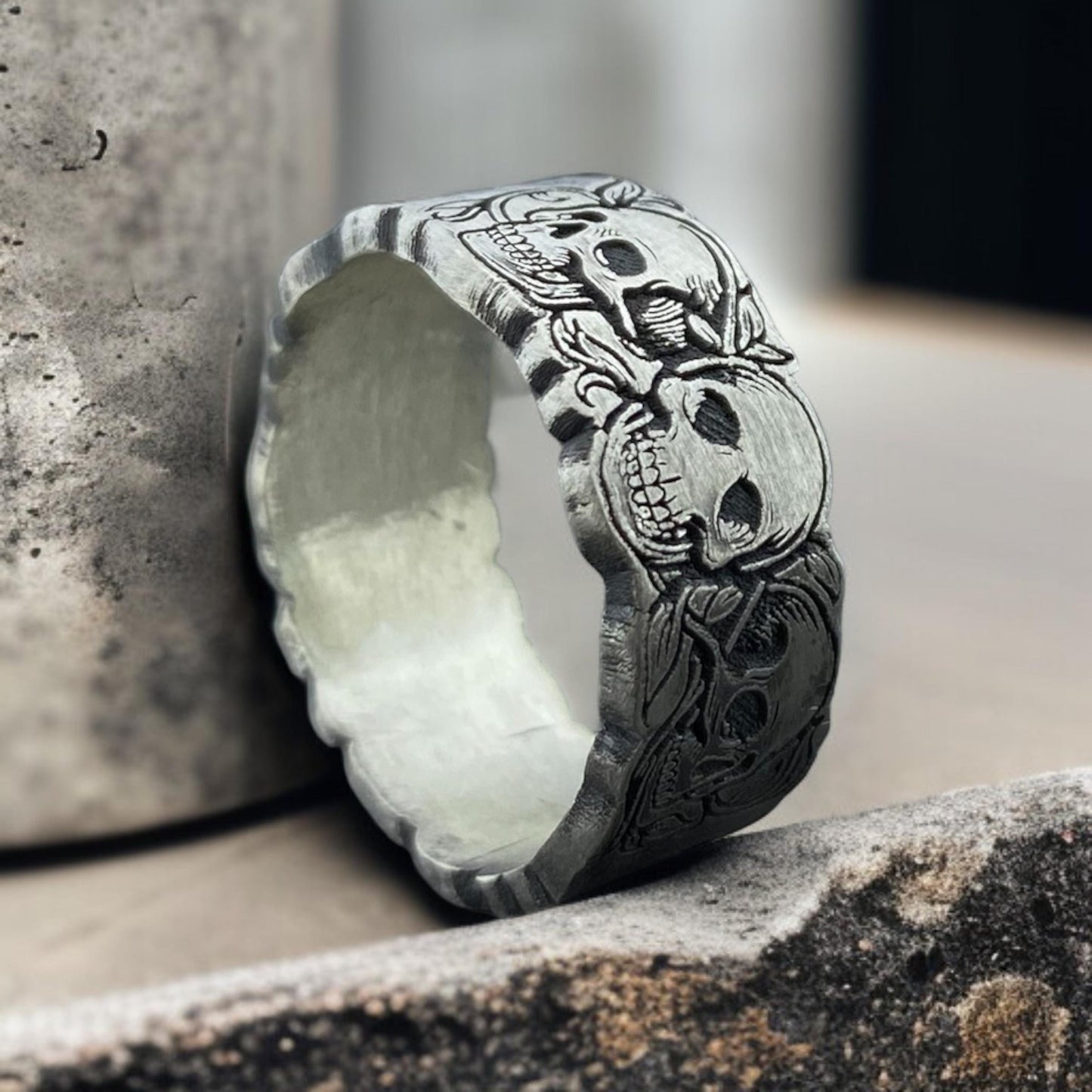 Skull Band Ring for Men, Sterling Silver Gothic Ring, Handmade Biker Ring, Oxidized Skeleton Design by cousinjewellry