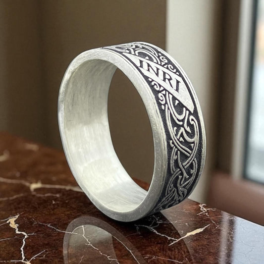 925 Sterling Silver INRI Ring – Engraved Christian Band for Men – Handmade Oxidized Religious Ring by Cousinjewellry