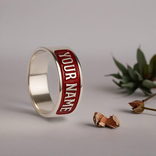 Custom Name Band Ring – Sterling Silver Old English, Red Enamel Inlay, Personalised Gift for Men & Women | Cousin Jewellery.